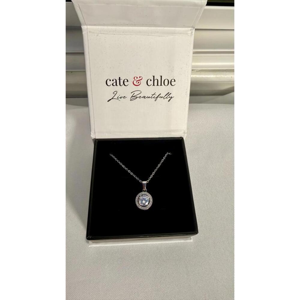Cate & Chloe Blake 18k White Gold Plated Halo Pendant Necklace - NIB
